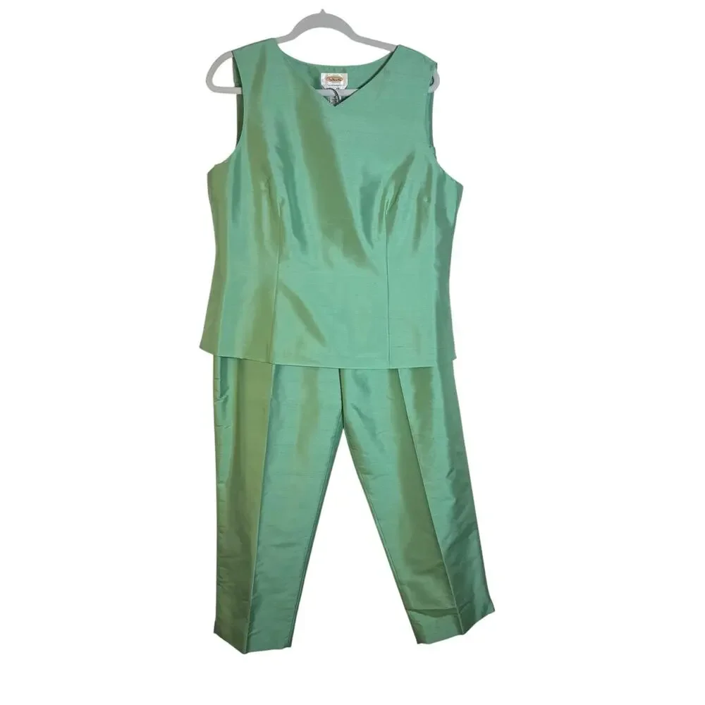 Vintage 90s Talbots Pure Silk Women 16/18 Sage Green Shantung Silk 2 pc Pant Set - Picture 9 of 14